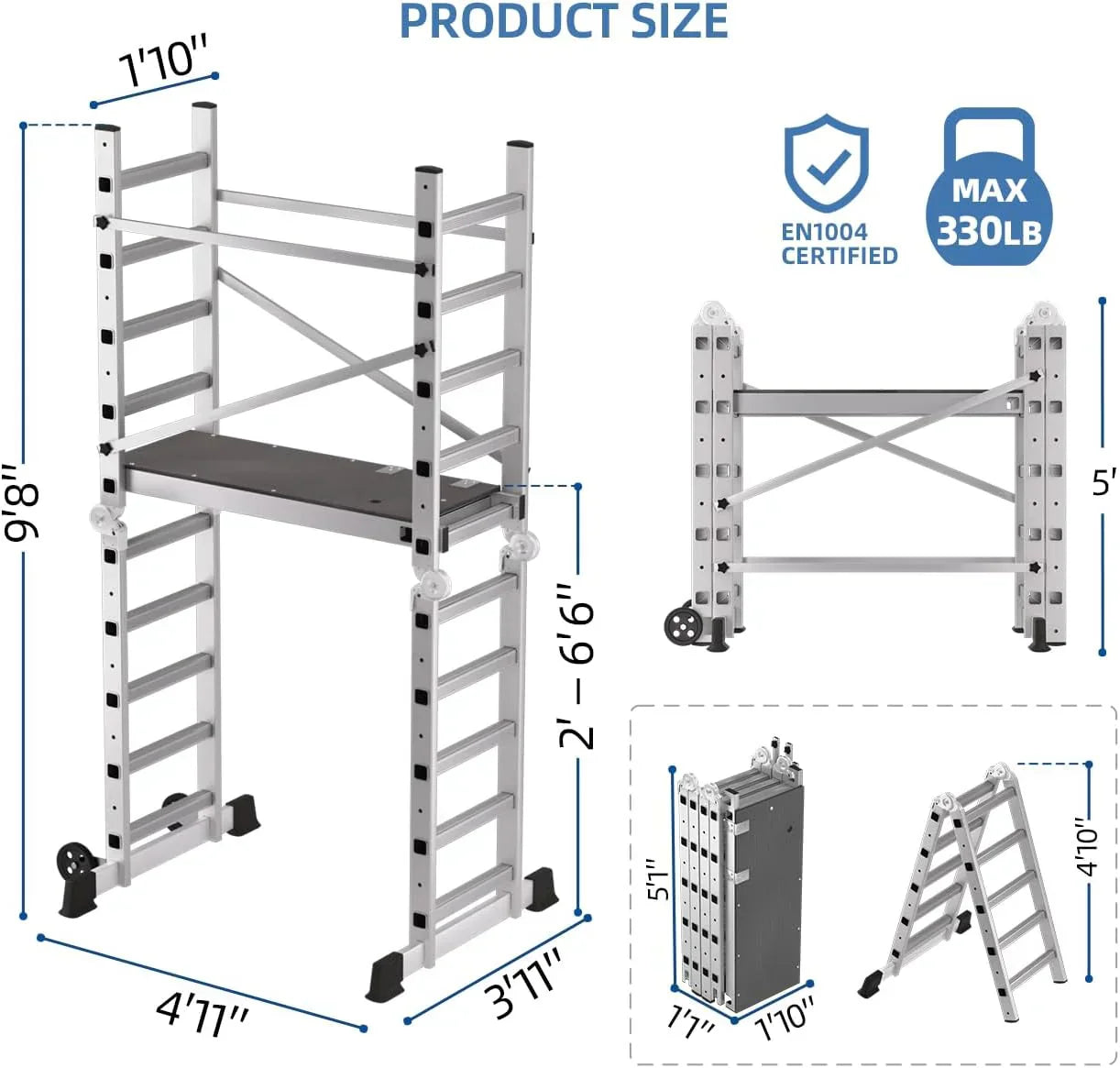 Foldable Scaffolding Ladder, Multipurpose Rolling Work Platform, Scaffold Tower, Ladder Stool Bench, Adjustable Platform, 330 Lbs Duty Rate - Image 3